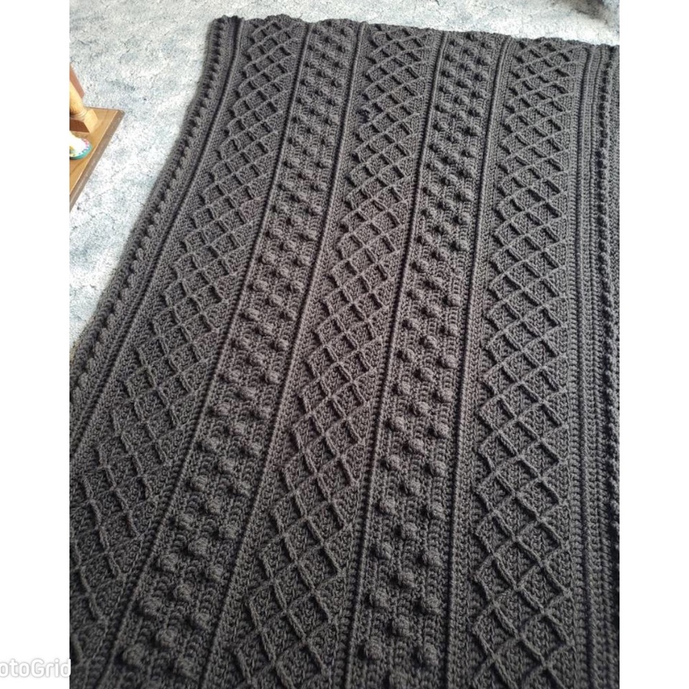 Dark Gray Fisherman Style Afghan Hand Crocheted in Dark Gray